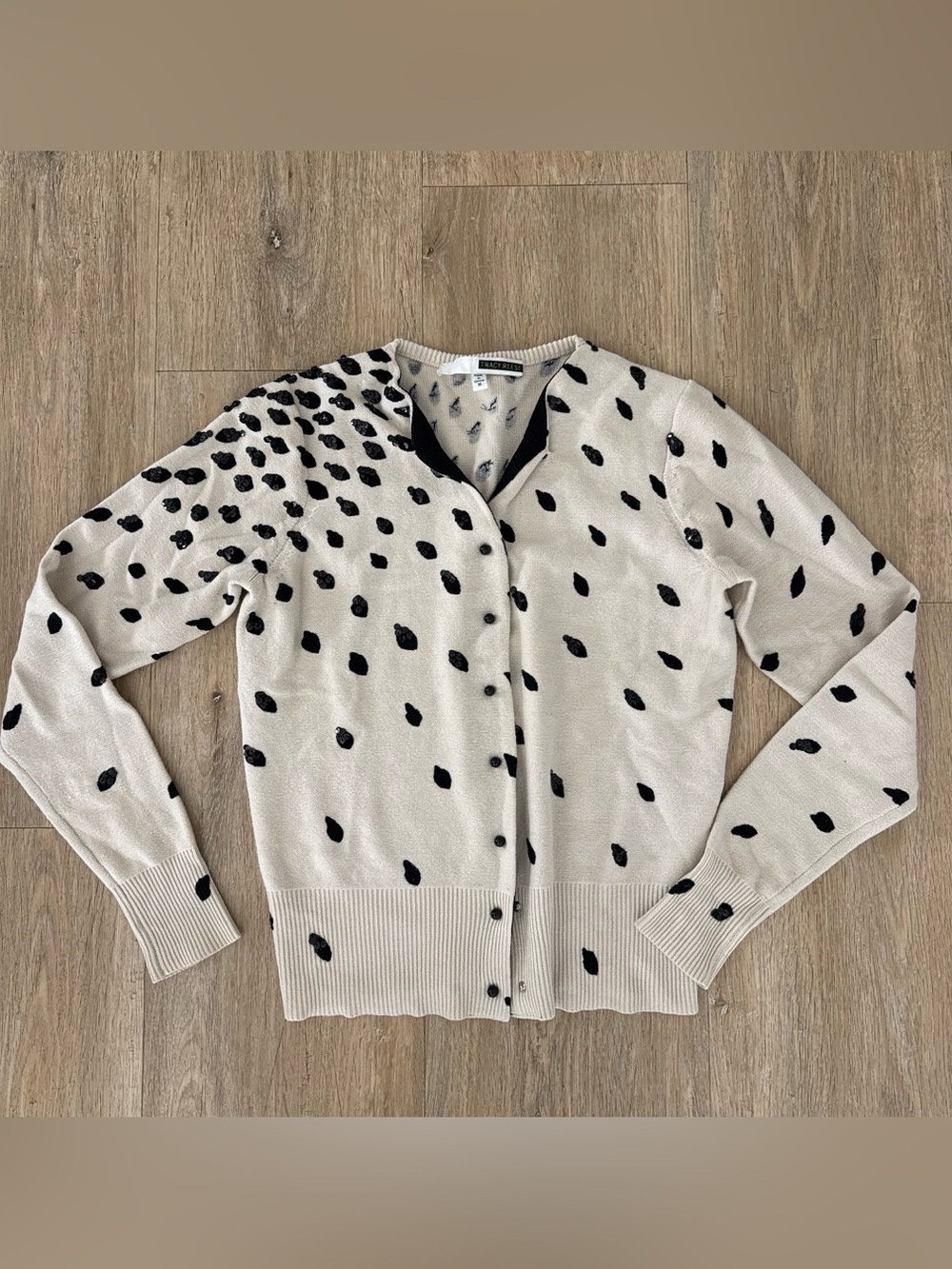 Tracy Reese Beige Cardigan with Black Sequin Spot Print M